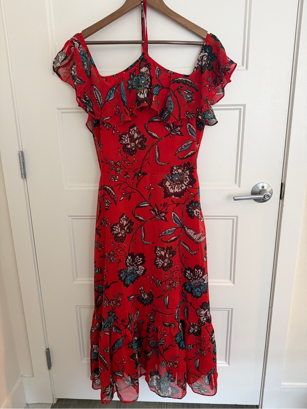 Red Floral Halter Midi Dress